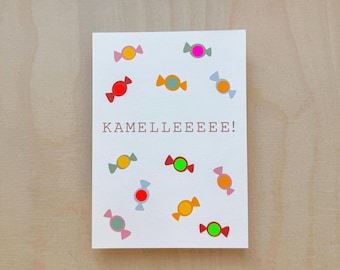 Carnival card / Carnival card “Candy” / Candy motif / Hand-glued neon dots / A6