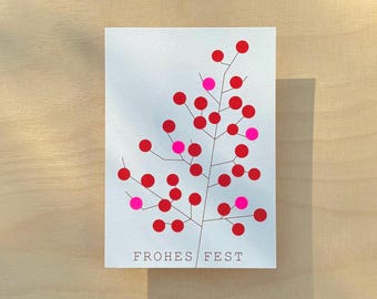 Minimalist Christmas card "Happy Holidays" / hand-glued neon dots / modern Christmas card with berry branch / red, neon pink / A6