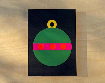 minimalist Christmas card with Christmas bauble in green and pink / hand-glued with orange neon dots / modern Christmas card A6
