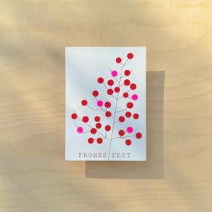 Weihnachtskarte Beerenzweig weiß / „Frohes Fest" / Neonpunkte