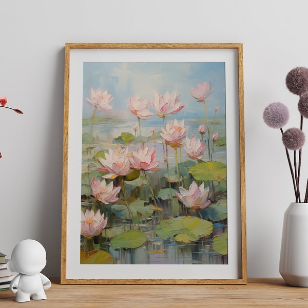 Lotus Pond Impasto Painting digital download - Oil paint wall art, Ready to print files, faux paint, perfect for big canvas!