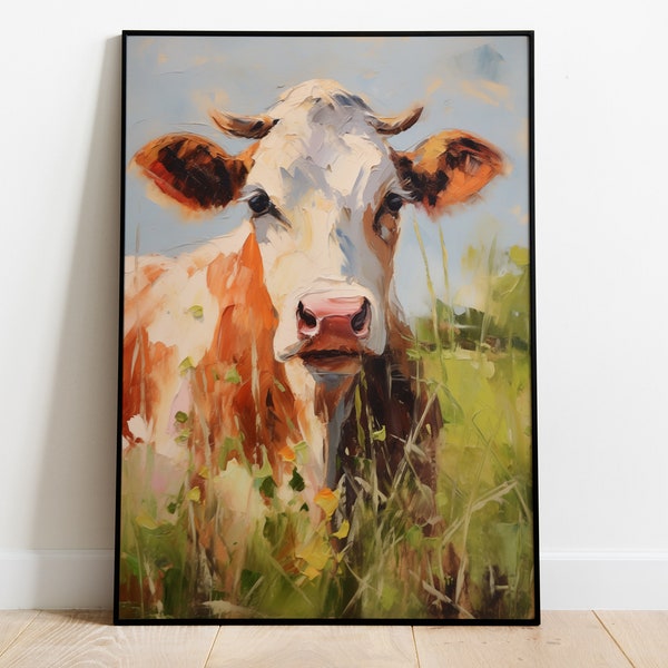 Cow Oil Painting download - Vintage wall art cow print - Ready to print digital files, faux oil painting