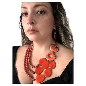 Red, Black, Orange, Pink Tagua Necklace & earrings, Fancy Necklace, Ecofriendly Jewelry, Statement Beaded Necklace, Handmade Jewelry.
