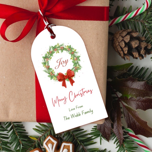 Personalised Christmas Wreath Joy Gift Tags 6 pk | Christmas Gift Tags | Wreath Christmas Gift Tags | Personalised Christmas Gift Tags