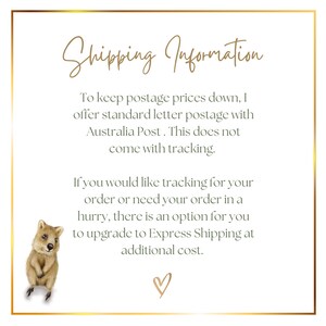 May include: A graphic with a cute illustration of a koala and text that reads "Shipping Information". The text explains that standard letter postage is offered with Australia Post, but does not include tracking. It also states that there is an option to upgrade to Express Shipping at an additional cost.