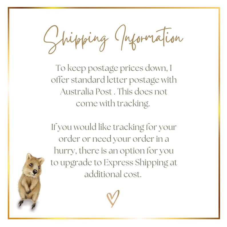 May include: A graphic with a cute illustration of a koala and text that reads "Shipping Information". The text explains that standard letter postage is offered with Australia Post, but does not include tracking. It also states that there is an option to upgrade to Express Shipping at an additional cost.