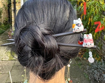 Traditional Chinese Wood Hair Stick with Porcelain Cat and Crystal Bead Pendant