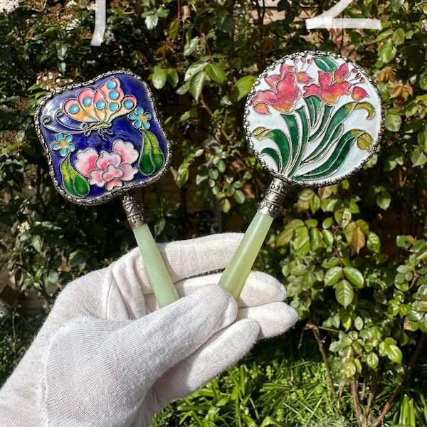 A Small Square Export Chinese Hand Mirror and A Small Round Export Chinese Hand Mirror, Both with Jade Handle and Cloisonne Enamel Back