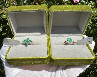 Two Hallmarked 9ct Gold Natural Zambian Emerald Rings, One of 4 Pear Shape Stones and the Other of Solitaire Stone, Both with COA