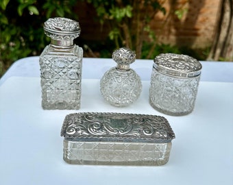 A 19th Century London, Birmingham, Chester Hallmarked Antique Silver Lidded Cut Glass Dressing Table Set of Scent Bottles and Trinket Boxes