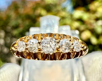 A Fully Hallmarked Victorian Antique 18 Carat Gold Five Stone Diamond Boat Ring with Its Original Ring Box