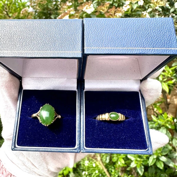 A Size R Full Hallmarked 9ct Gold Ring Set with A Large Single Dark Green Jade and A Size N 9ct Gold Ring Set with A Small Same Colour Jade