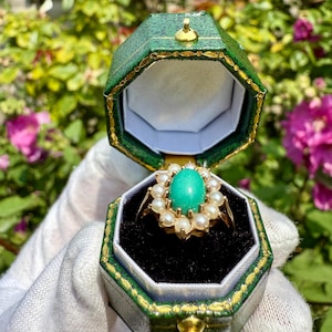A Vintage 9ct Gold, Turquoise and Seed Pearl Dress Ring with Full Hallmark of Birmingham 1978