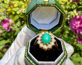 A Vintage 9ct Gold, Turquoise and Seed Pearl Dress Ring with Full Hallmark of Birmingham 1978