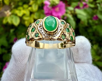 A Vintage 9ct Gold and Cabochon Emerald and Diamond Dress Ring with Hallmarks