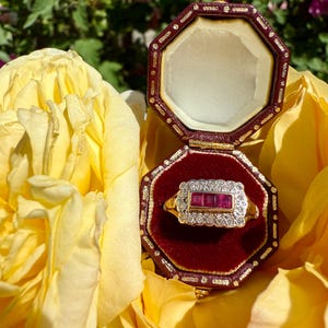May include: A gold ring with a rectangular ruby and diamond cluster setting, presented in an open burgundy velvet jewellery box. The ring is surrounded by yellow rose petals, with a blurred background of green foliage and pink flowers.