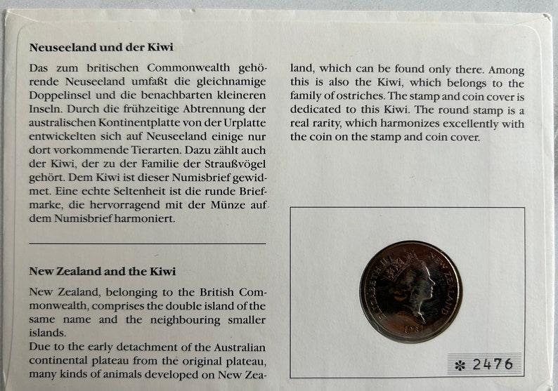 1987 New Zealand Kiwi 20 Cent Coin Stamp Cover zdjęcie 2