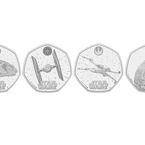 May include: Four silver Star Wars collector's coins featuring the Millennium Falcon, TIE Fighter, X-Wing, and Death Star.