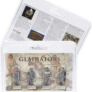 May include: Set of four miniature pewter gladiators in clear plastic domes. The gladiators are labeled:  'Secutor', 'Retiarius', 'Thracian', and 'Samnite'.