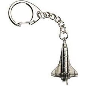 May include: Silver-toned space shuttle keyring with a ring and chain.