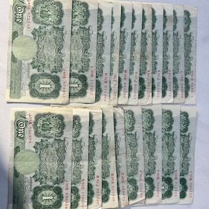 1950 - 1960 English Banknotes One Pound Ten Shillings Original Notes