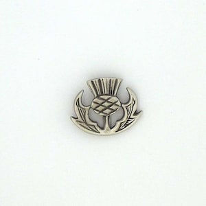 Pode incluir: Um broche de metal prateado com um design detalhado de um cardo, a flor nacional da Escócia.