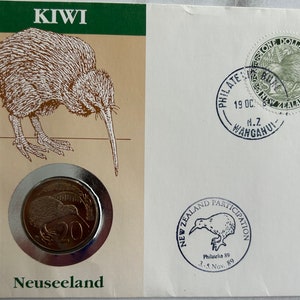 1987 New Zealand Kiwi 20 Cent Coin Stamp Cover zdjęcie 1