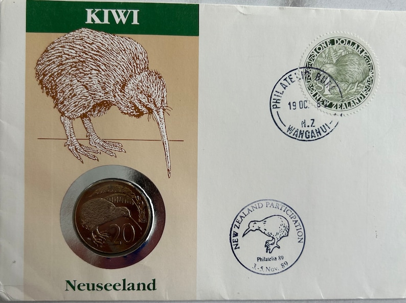 1987 New Zealand Kiwi 20 Cent Coin Stamp Cover zdjęcie 1