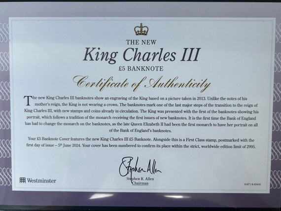 King Charles III 5 Pound Banknote First Day Issue Cover Limited