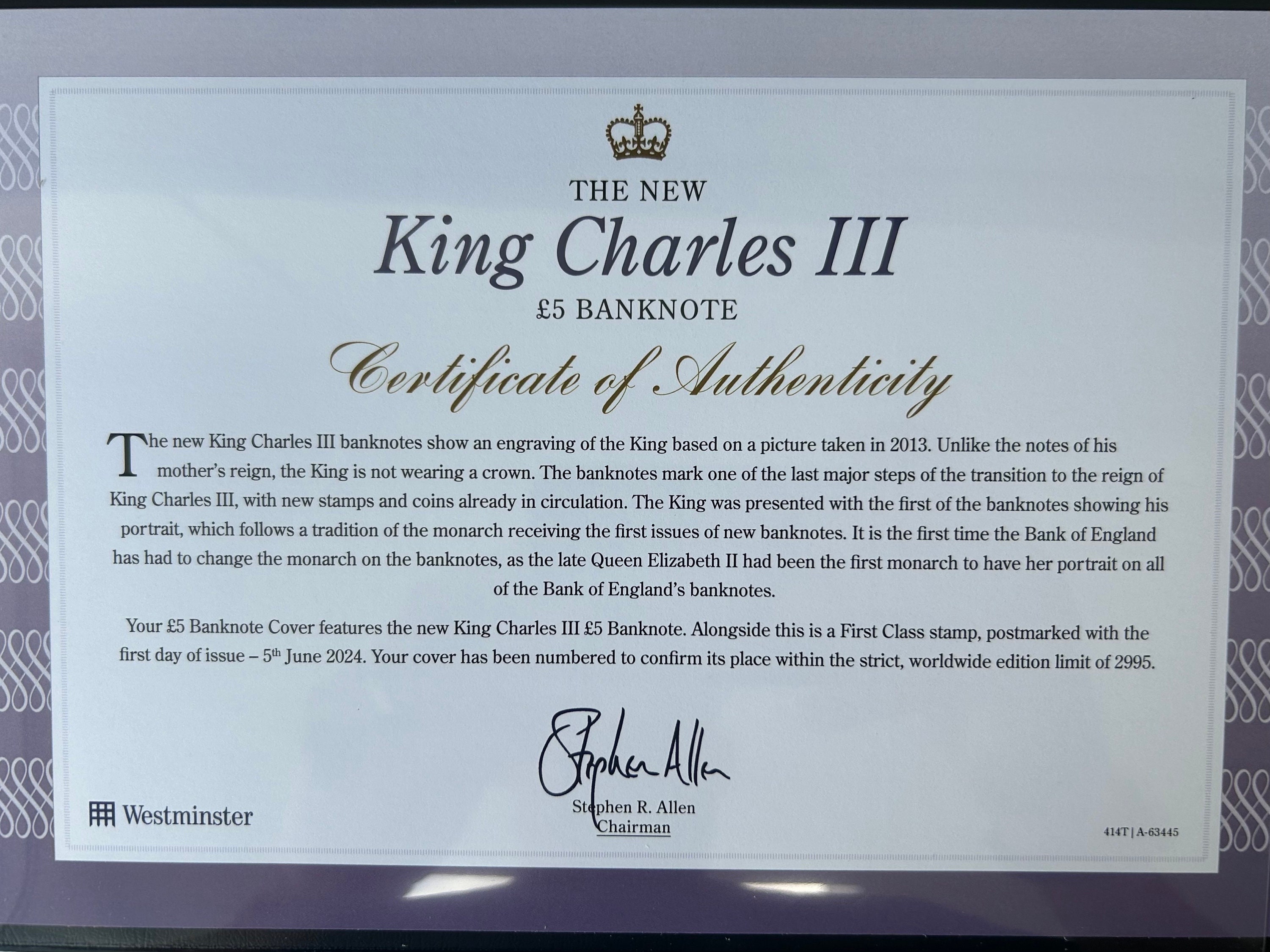 King Charles III 5 Pound Banknote First Day Issue Cover Limited