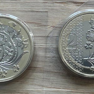 Puede incluir: Una moneda de dos libras británicas con un diseño floral que incluye un cardo y un trébol. La moneda es de color plateado y tiene la inscripción "2 POUNDS".