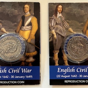 Englischer Bürgerkrieg 1642-1649 Oliver Cromwell Shilling und Charles Sixpence Reproduktion Münzpaar Lernkarte.