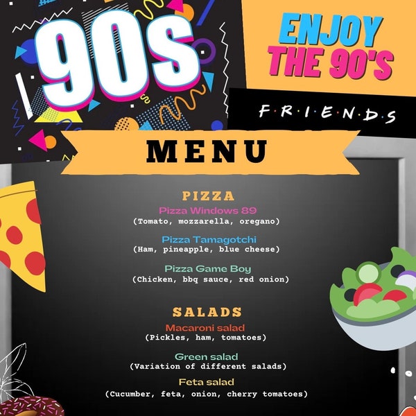 90s themed party menu & invitation (Template link to Canva)
