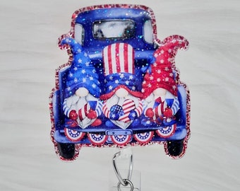 Patriotic Gnome Vintage Pickup Truck, Fourth of July, America, USA, Glitter Badge Reel, Retractable, Interchangeable