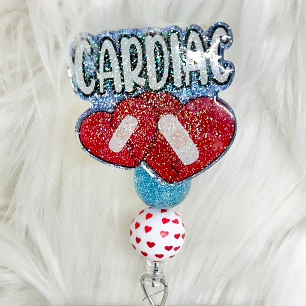 Cardiac, Hearts with Band-Aids, Glitter Badge Reel, Retractable, Interchangeable WITH or WithOUT Bubblegum Beads