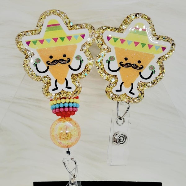 Cinco De Mayo, Sombrero Nacho Chip, Maracas, Glitter Badge Reel, WITH OR WithOUT Bubblegum Beads, Retractable, Interchangeable