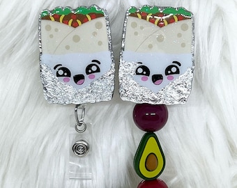 Burrito with Chipotle Pepper Sauce and "Foil" Wrap, Mexican Food, Glitter Badge Reel, With or WithOUT Bubblegum Beads, Interchangeable