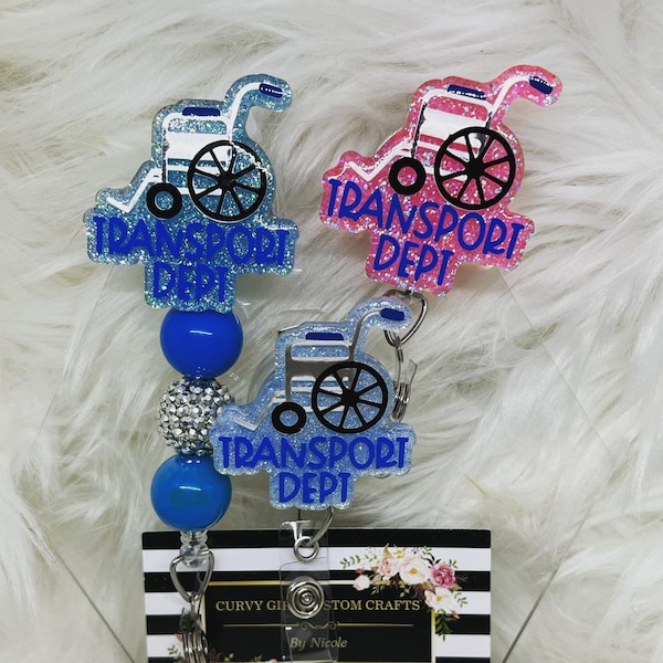 Transport Department, Team, Wheelchair, Hospital, Bubblegum Bead and Glitter Badge Reel, Retractable, Interchangeable