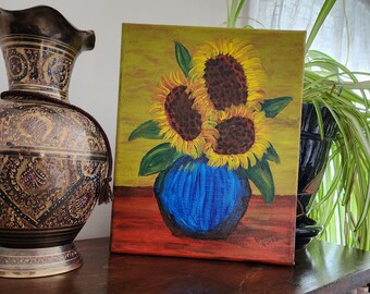 Sunflower wall art, yellow sunflowers in a cobalt blue vase original oil painting, ready to hang wrap around canvas, gift for flower lovers