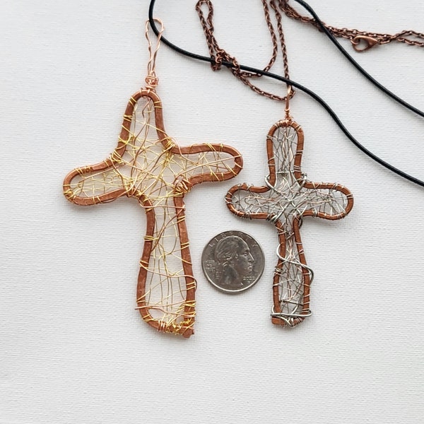 Large hammered copper wire crosses, reversible, heavy wire with fine copper plus silver or gold wire inside, cross necklace gift for men