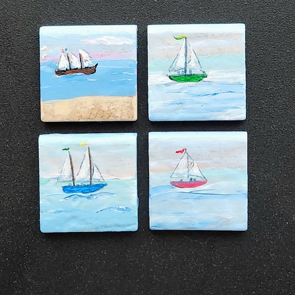 Hand painted sail boat magnets on upcycled tiles, each is hand painted and unique, great for the refrigerator, school locker or as a gift