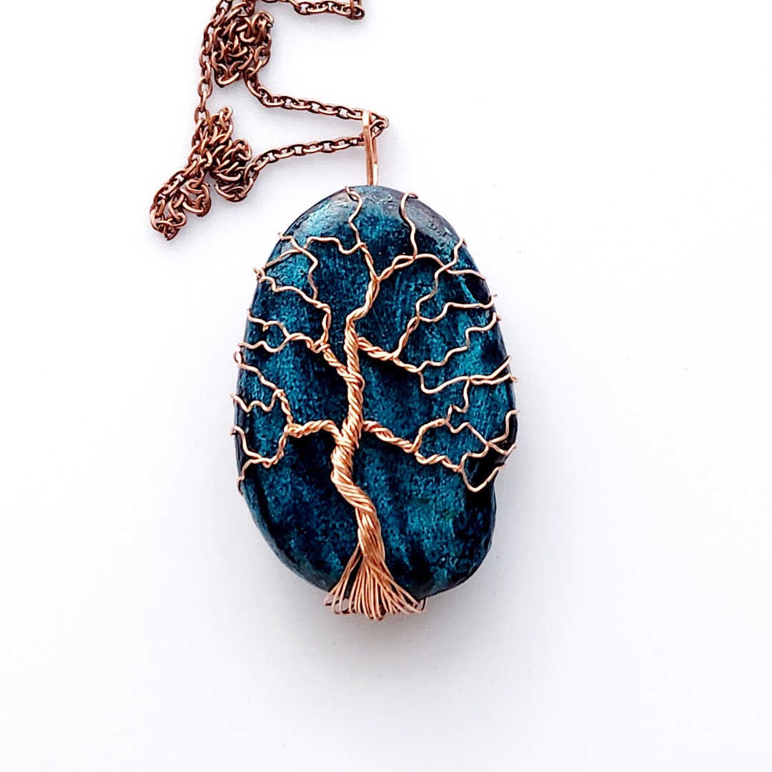 Turquoise Tree of Life Stone Pendants, Copper Wire Wrapped Necklaces
