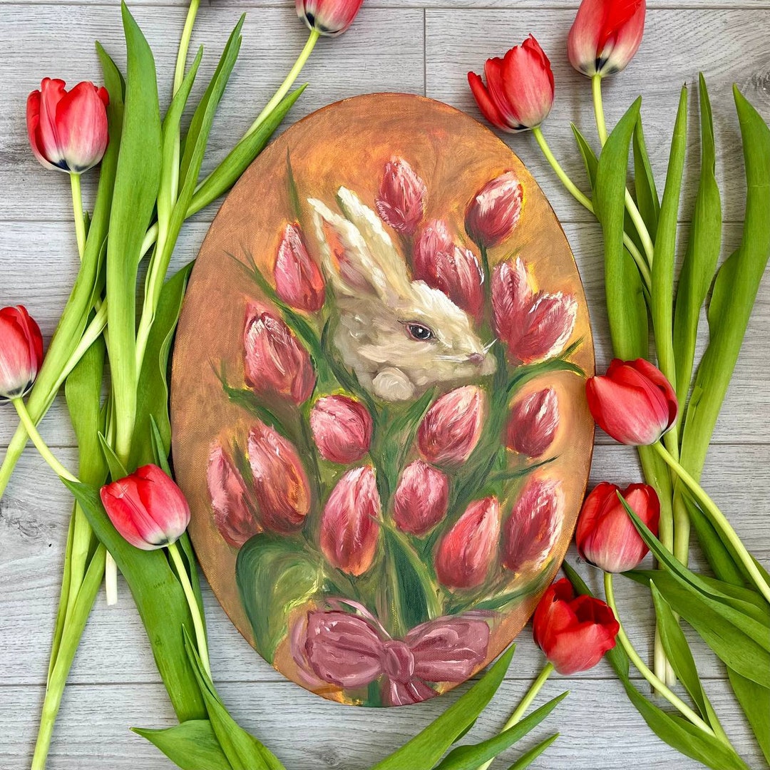 Rabbit in Tulips | Oil Painting on Round Canvas 35 X 50 Cm | Original ...