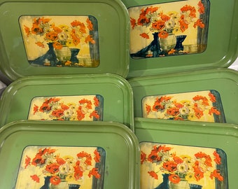 Lote de 6 bandejas de televisión florales verdes MCM vintage