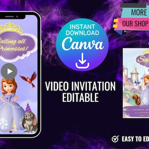 May include: A purple and gold video invitation for a princess-themed birthday party. The invitation features a cartoon image of Princess Sofia from the Disney Junior show, Sofia the First. The text on the invitation reads "Calling all Princesses!" and "Sophia is turning two".