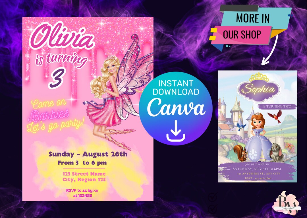 barbie-invitation-template-editable-in-canva-personalized-etsy
