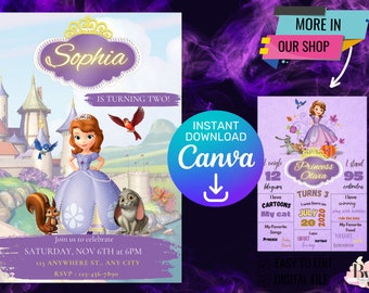 May include: Purple and gold printable birthday invitation featuring a cartoon princess character with a castle background. The text reads "Sophia is turning two!" and includes details for a party on Saturday, November 6th at 6pm.