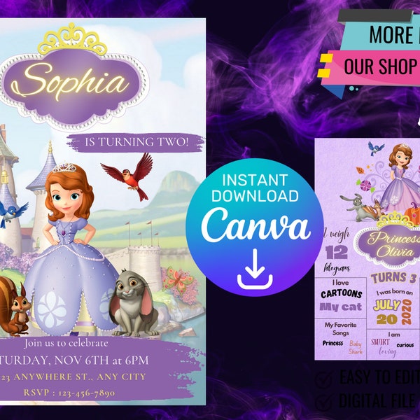 Sofia Princess Birthday Invitation: Create a Memorable Celebration with a Digital, Printable Canva Template, Instant download