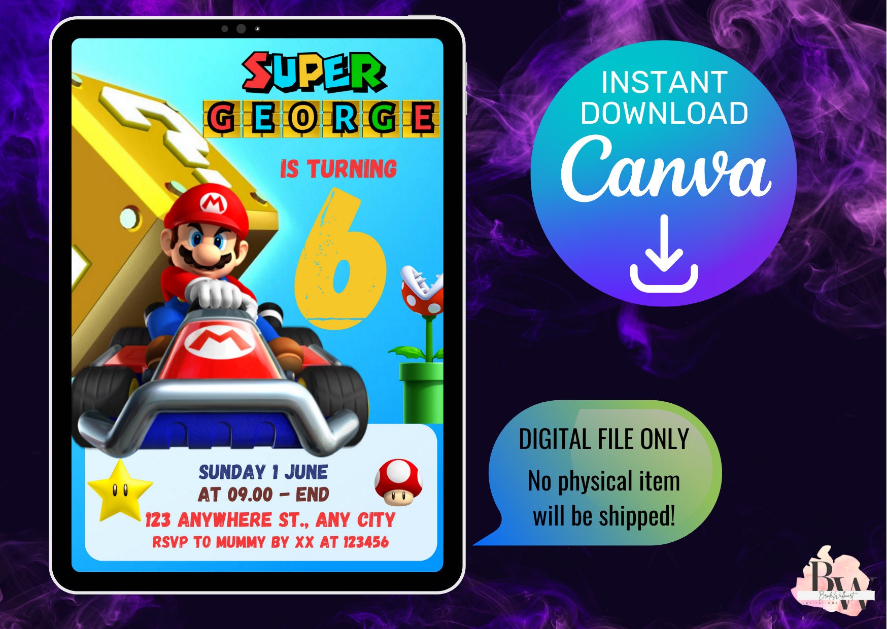 Super Mario Kart Birthday Invitation Digital, Editable and Printable