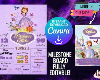 May include: A purple and yellow milestone board for a child's third birthday. The board features a cartoon princess character, a calendar with the date July 20, 2020, and a list of the child's favorite things. The board is fully editable and can be customized with the child's name and other details.